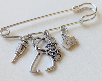 RN - Registered Nurse Safety Pin Brooch, Purse Charm