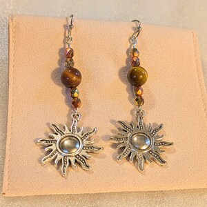 Celestial Sun Tiger's Eye Beaded Hook Earrings, Silver - - LadybugfeetDesigns -