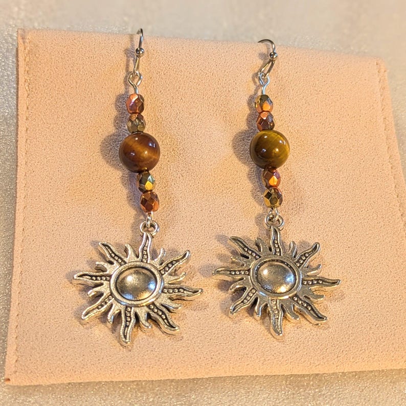 Celestial Sun Tiger's Eye Beaded Hook Earrings, Silver - - LadybugfeetDesigns -