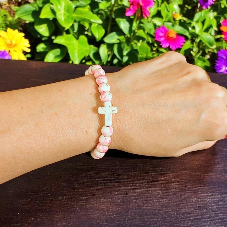 Pink Ivory Beaded Cross Stretch bracelet - - LadybugfeetDesigns -
