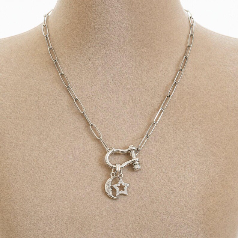 Celestial Moon CZ Star Shackle Clasp Carabiner Necklace, Silver - 20 inch - - LadybugfeetDesigns -