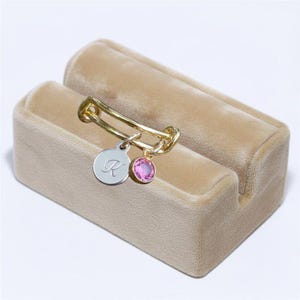 Gold Expandable Initial & Birthstone Charm Ring,Gift for her - - LadybugfeetDesigns -