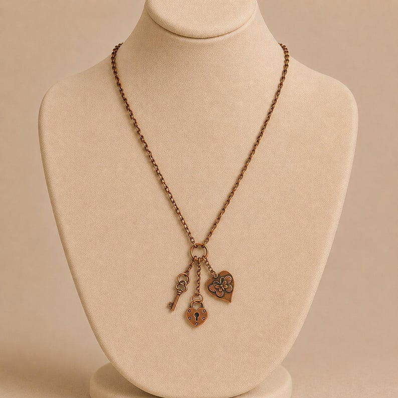 Heart Lock & Key Copper Charm Keeper Necklace, 18-24 inch - - LadybugfeetDesigns -