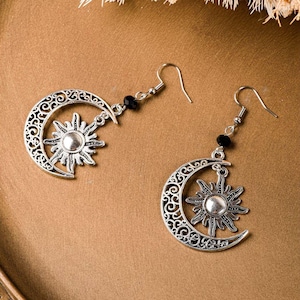 Large Filigree Crescent Moon Sun Hook Earrings, Silver - - LadybugfeetDesigns -