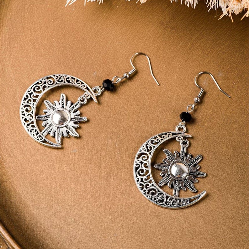Large Filigree Crescent Moon Sun Hook Earrings, Silver - - LadybugfeetDesigns -