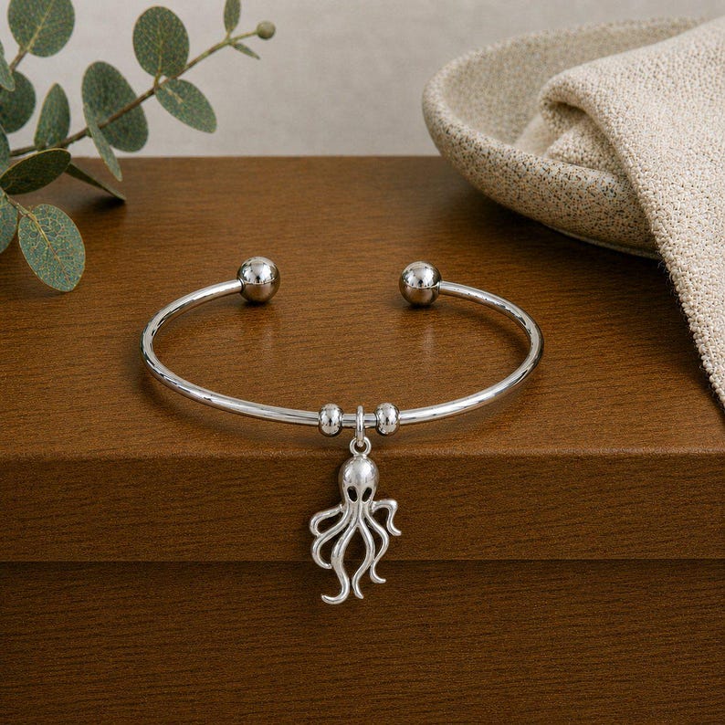 Octopus Euro Bangle Cuff, Silver - - LadybugfeetDesigns -