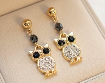 CZ Owl Charm Drop Stud Earrings-Gold