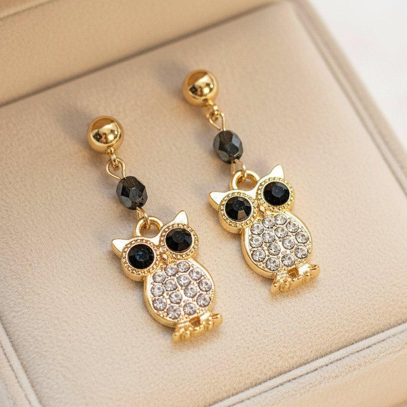 CZ Owl Charm Drop Stud Earrings-Gold - - LadybugfeetDesigns -
