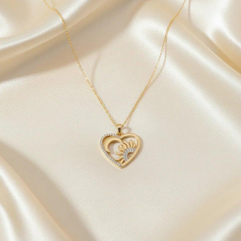 Sun Moon Heart necklace, Gold - 20 inch - - LadybugfeetDesigns -