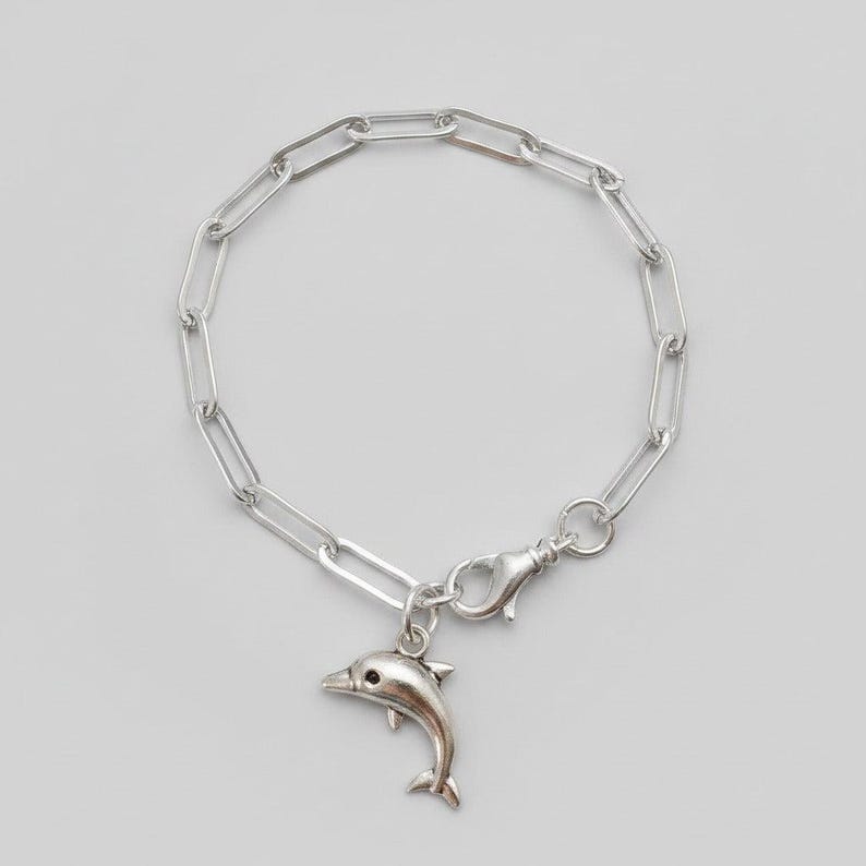 Silver Dolphin Stainless Steel Paperclip Chain Bracelet - - LadybugfeetDesigns -