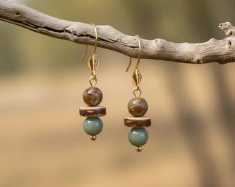 Red Creek Jasper Beaded Hook Earrings, Gold