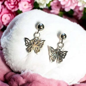 Butterfly Charm Drop Stud Earrings-Silver - - LadybugfeetDesigns -