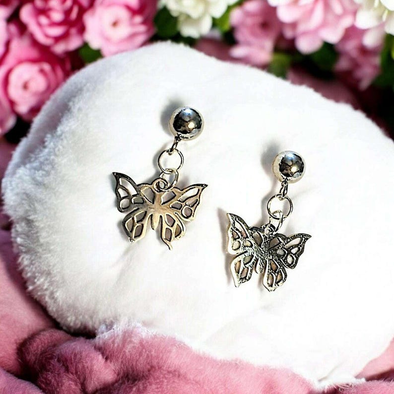 Butterfly Charm Drop Stud Earrings-Silver - - LadybugfeetDesigns -