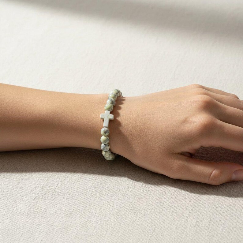 Earthy Green Ivory Beaded Cross Stretch bracelet - - LadybugfeetDesigns -