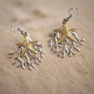 Starfish & Coral dangle earrings, Two-Tone - - LadybugfeetDesigns -