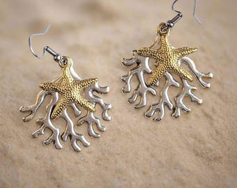 Pendientes colgantes de estrella de mar y coral, bicolor