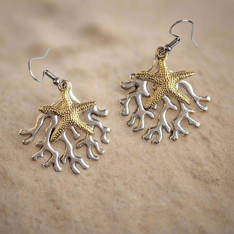 Starfish & Coral dangle earrings, Two-Tone - - LadybugfeetDesigns -
