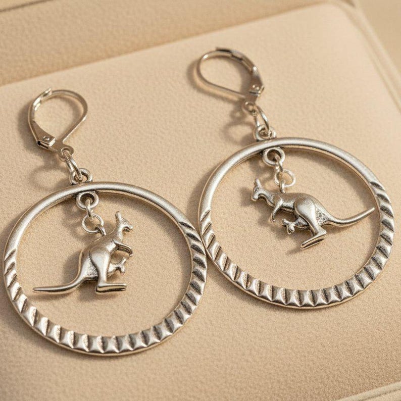 Kangaroo Mama & Joey Leverback Hook Earrings - - LadybugfeetDesigns -