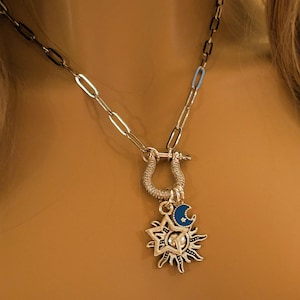 Fiery Sun, Blue Moon and Star Shackle Clasp Carabiner Necklace, Silver - Adjusts up to 20 inches - - LadybugfeetDesigns -