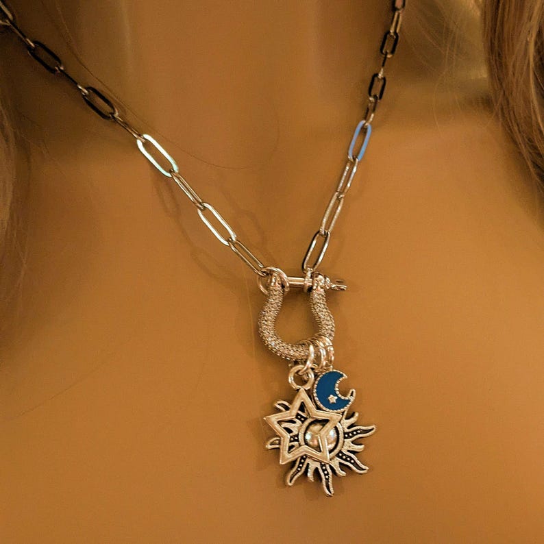 Fiery Sun, Blue Moon and Star Shackle Clasp Carabiner Necklace, Silver - Adjusts up to 20 inches - - LadybugfeetDesigns -