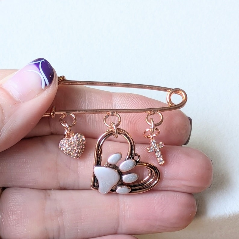 Rustic Paw Print Heart Safety Pin Brooch, Purse Charm, Rose Gold - - LadybugfeetDesigns -