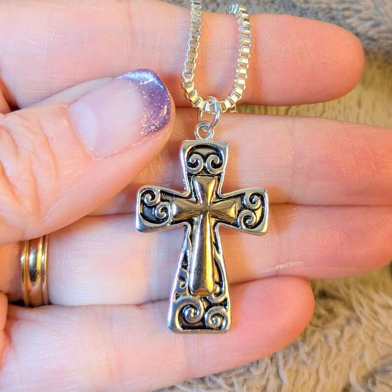 Two Tone Fancy Cross Necklace, Sterling Silver- 24 inches - - LadybugfeetDesigns -