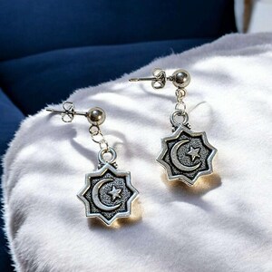 Crescent Moon/Star Charm Drop Stud Earrings-Silver - - LadybugfeetDesigns -