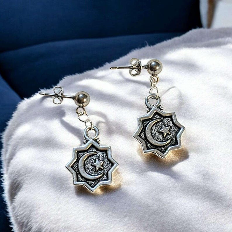 Crescent Moon/Star Charm Drop Stud Earrings-Silver - - LadybugfeetDesigns -