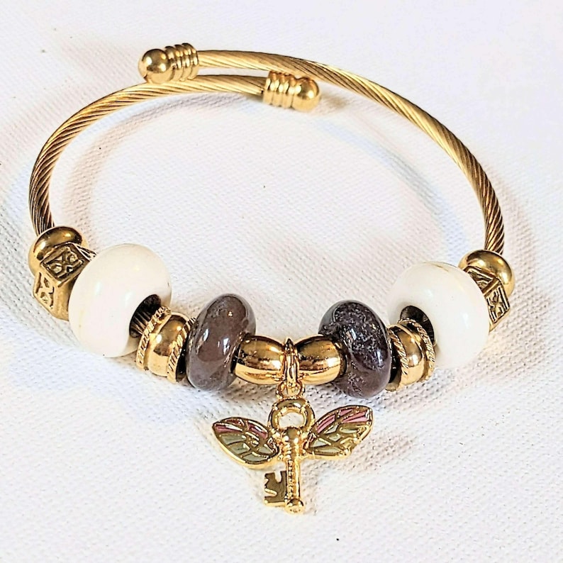 Winged Key Euro Cuff Wrap Bracelet, Gold - - LadybugfeetDesigns -