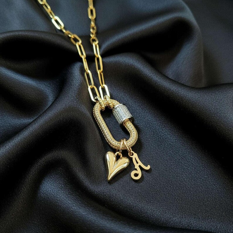 Gold Initial Heart Carabiner Necklace - 20 inch - - LadybugfeetDesigns -