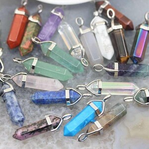 Natural Gemstone Crystal Point Pendant necklace, 30 inch - - LadybugfeetDesigns -