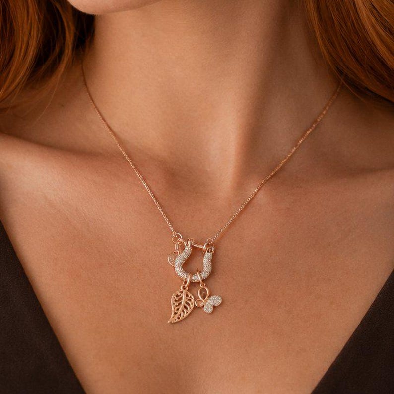 Leaf Butterfly Shackle Clasp Carabiner Charm Necklace, Rose-Gold - Adjustable up to 24 inches - - LadybugfeetDesigns -