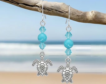 Sea Turtle Larimar Beaded Hook Earrings, Silver