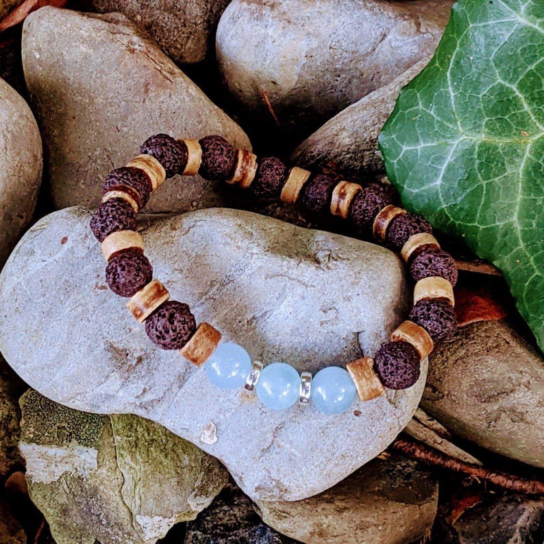 Aquamarine Gemstone Lava Bead Stretch bracelet-MARCH Birthstone - - LadybugfeetDesigns -