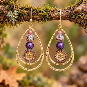Boho Hammered Teardrop Purple Flower Bead Earrings, Gold - - LadybugfeetDesigns -