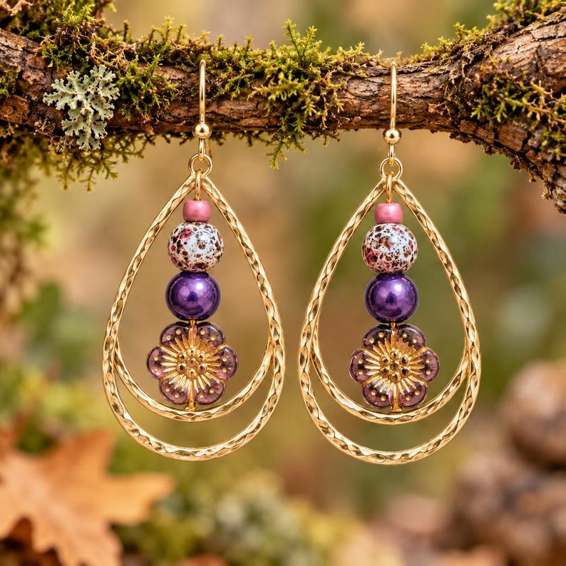 Boho Hammered Teardrop Purple Flower Bead Earrings, Gold - - LadybugfeetDesigns -
