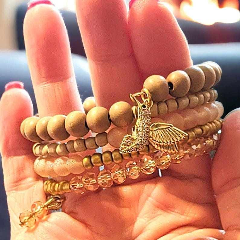 Hummingbird Crystal Beaded Gold Wrap Bracelet - - LadybugfeetDesigns -