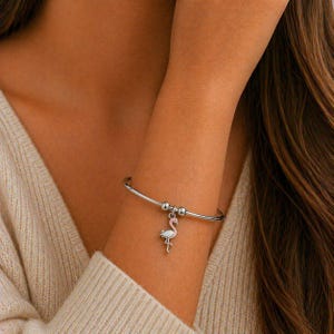 Flamingo Euro Bangle Cuff, Silver - - LadybugfeetDesigns -