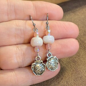 Rose Opal Crystal Hook Earrings, Silver - - LadybugfeetDesigns -