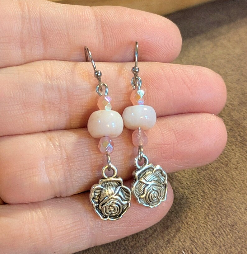 Rose Opal Crystal Hook Earrings, Silver - - LadybugfeetDesigns -