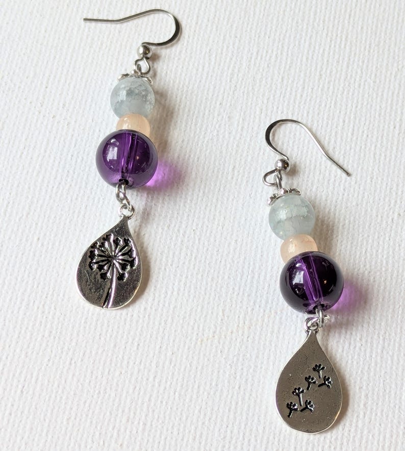 Dandelion Mismatched Beaded Hook Earrings, Silver - - LadybugfeetDesigns -
