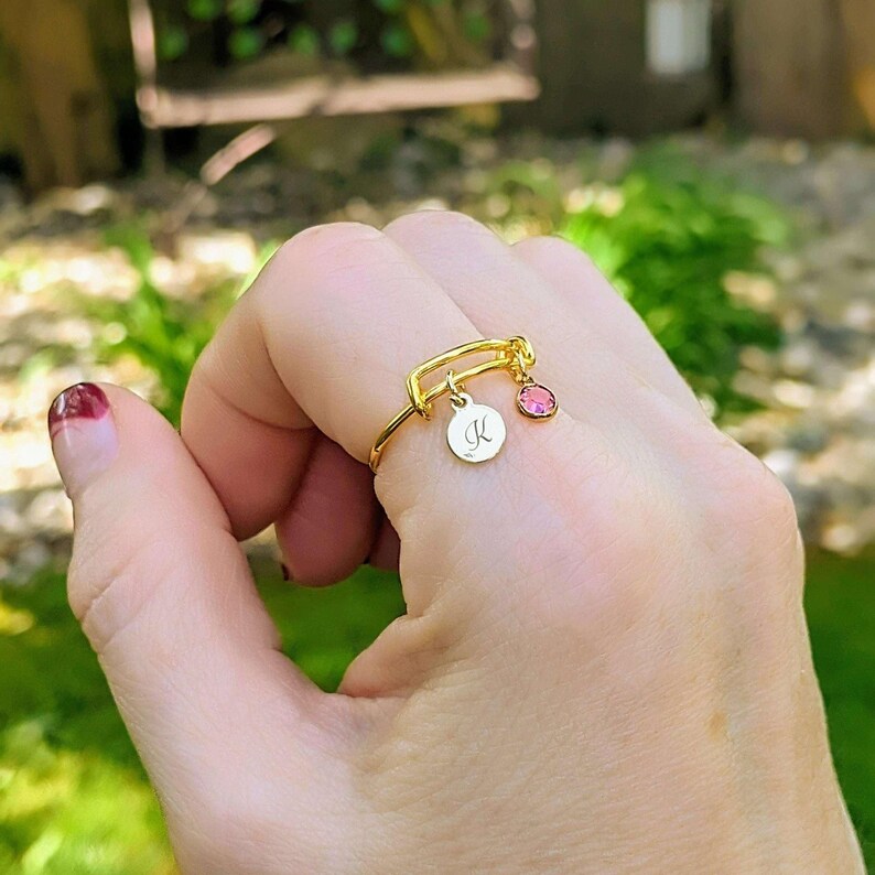 Gold Expandable Initial & Birthstone Charm Ring,Gift for her - - LadybugfeetDesigns -
