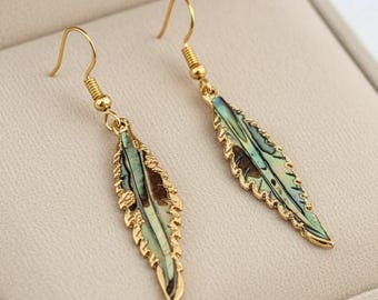 Abalone Feather Gold dangle earrings