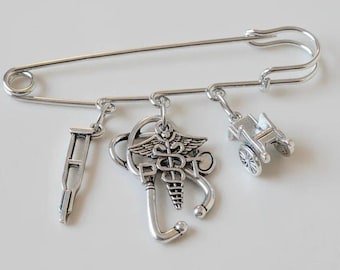 PT - Physical Therapist Safety Pin Brooch, Purse Charm