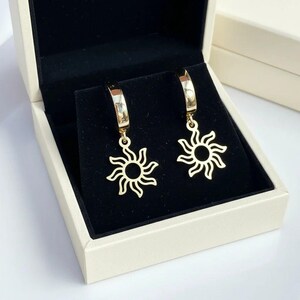 Gold Sun Hoop earrings, 16mm Hoop Drop - - LadybugfeetDesigns -