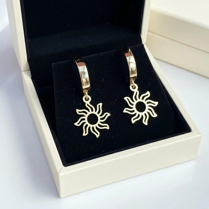 Gold Sun Hoop earrings, 16mm Hoop Drop - - LadybugfeetDesigns -