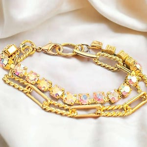 Gold Paperclip Layered Faceted Crystal Bracelet - - LadybugfeetDesigns -