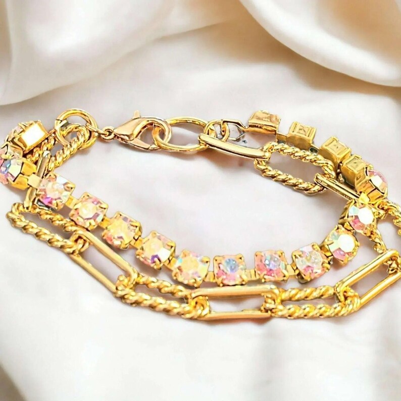 Gold Paperclip Layered Faceted Crystal Bracelet - - LadybugfeetDesigns -
