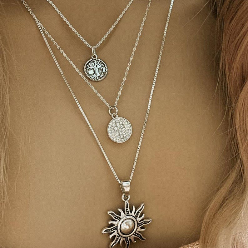 Energy, Power, Positivity Layered Necklace Set, Silver - - LadybugfeetDesigns -