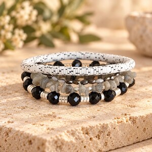 Salt and Pepper Stretch Bracelet Stack - - LadybugfeetDesigns -